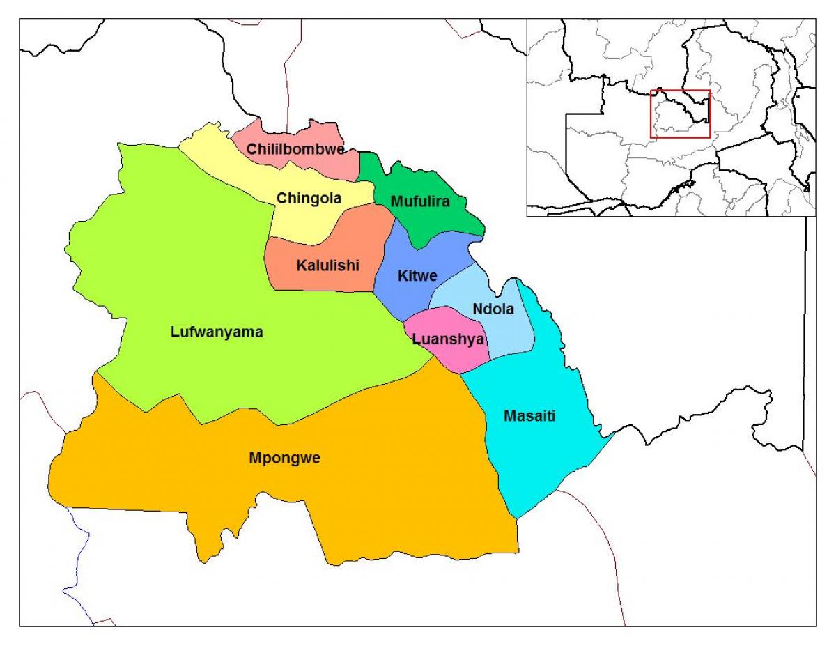 kart over copperbelt-provinsen i Zambia