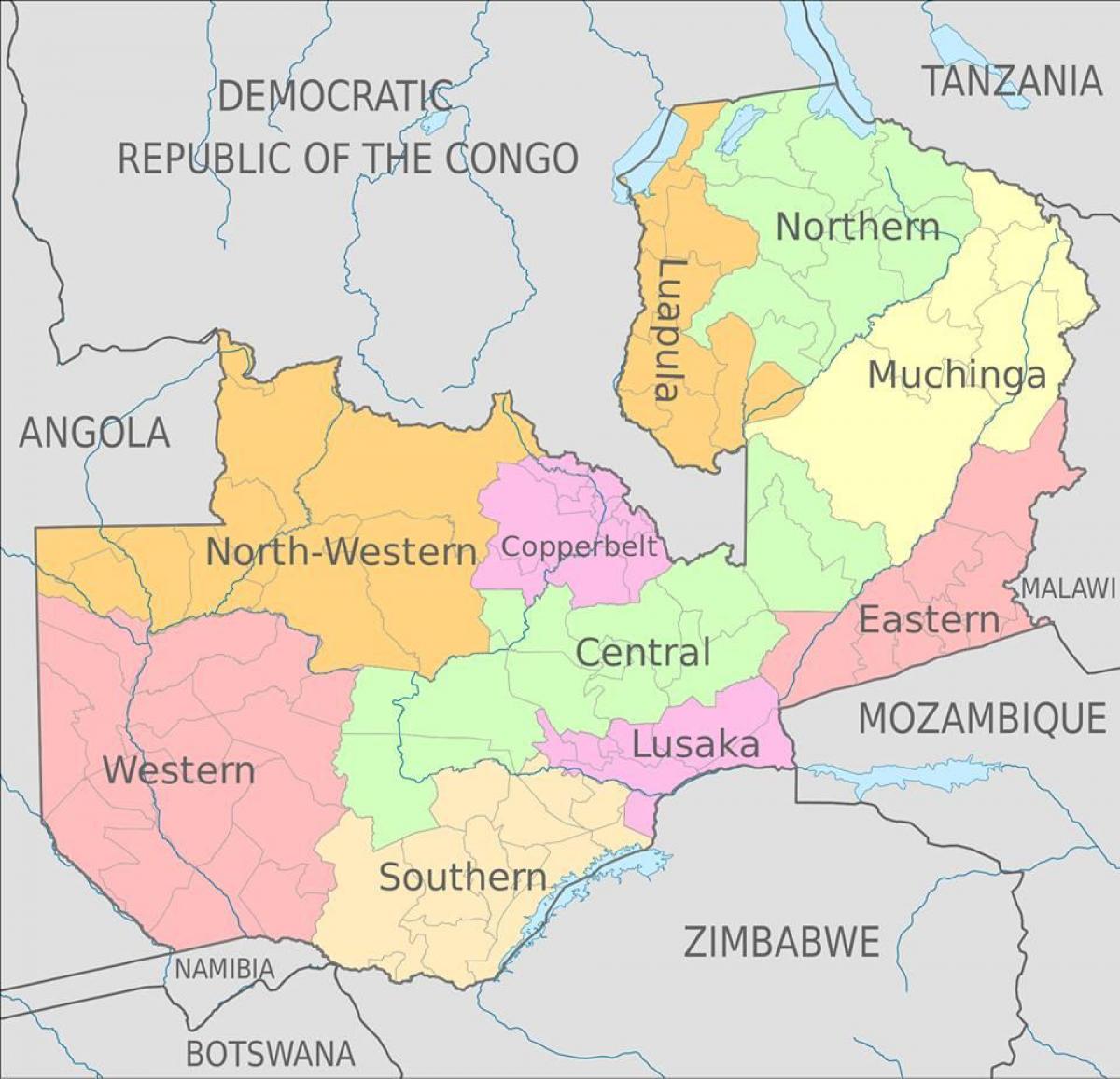 kart over Zambia viser 10 provinser