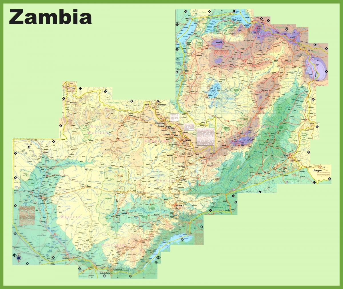 kart over Zambia viser alle byer