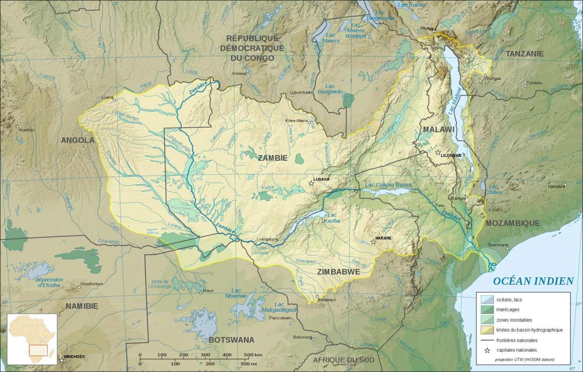 kart over Zambia viser elver og innsjøer