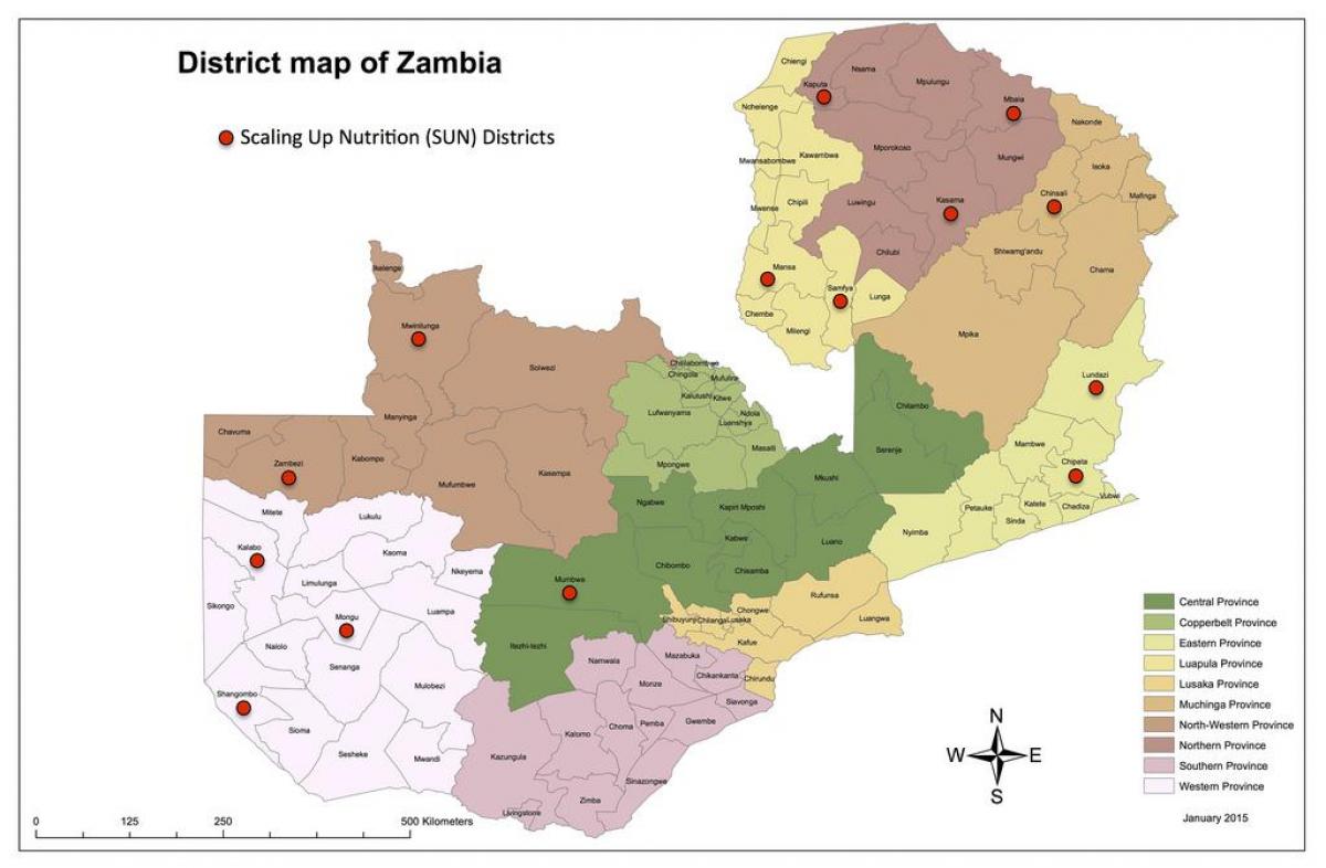 Zambia distriktene oppdatert kart