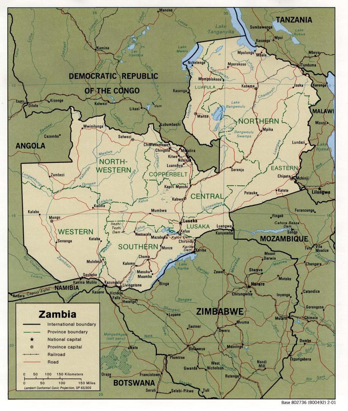 Zambia fysiske funksjoner kart